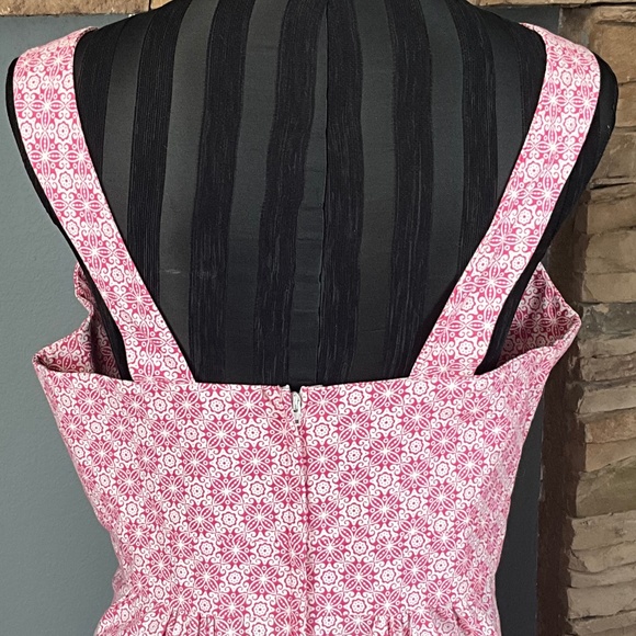 VTG Handmade Pinup Rockabilly Midi Dress Abstract Floral Pink White L - Picture 7 of 11